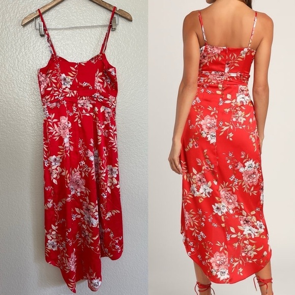 NWOT My Favorite Day Red Floral Print Tulip Skirt Midi Dress - Picture 4 of 10